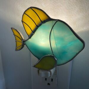Vintage Handmade Stained Glass Tropical Fish Night Light Blue Yellow Nightlight